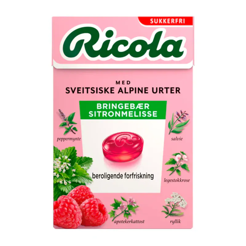 Ricola Bringebær Sitronmelisse SF 50g, 20stk pr kartong